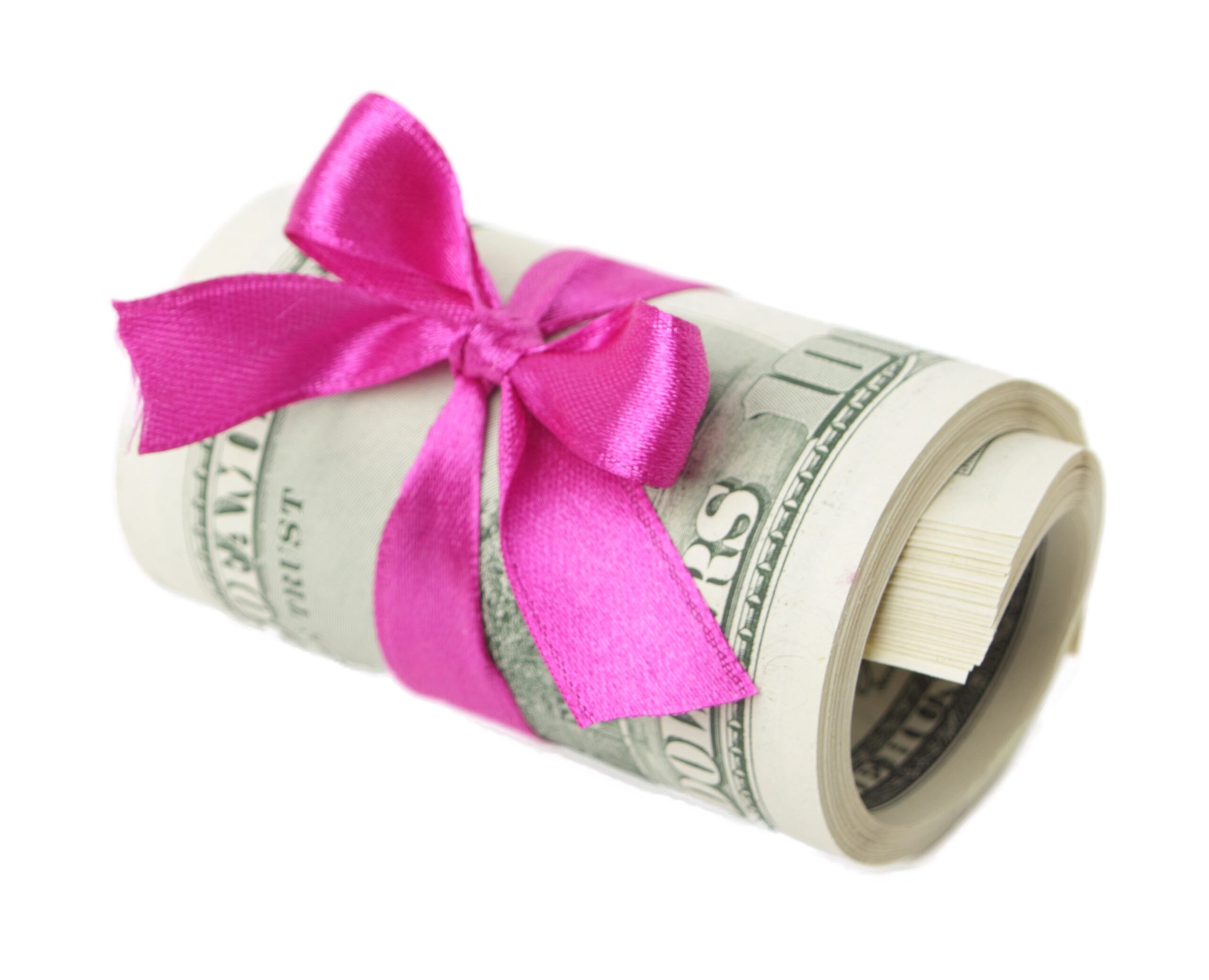 Money roll with a pink ribbon tied around it